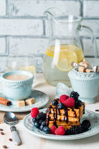 High angle view of breakfast served on table