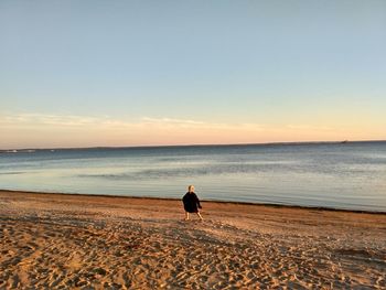 Rear view of man walking on beach against clear sky