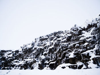 Snow covered mountain range against clear sky