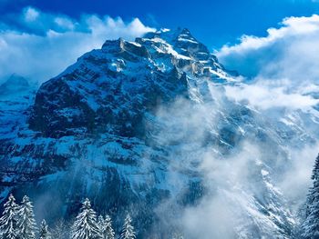 Aerial view of snowcapped mountains against sky