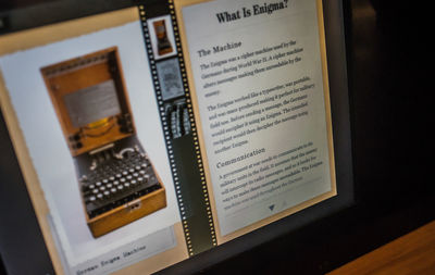 High angle view of open book on table