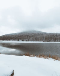 Scenic view of lake by snowcapped mountains against sky