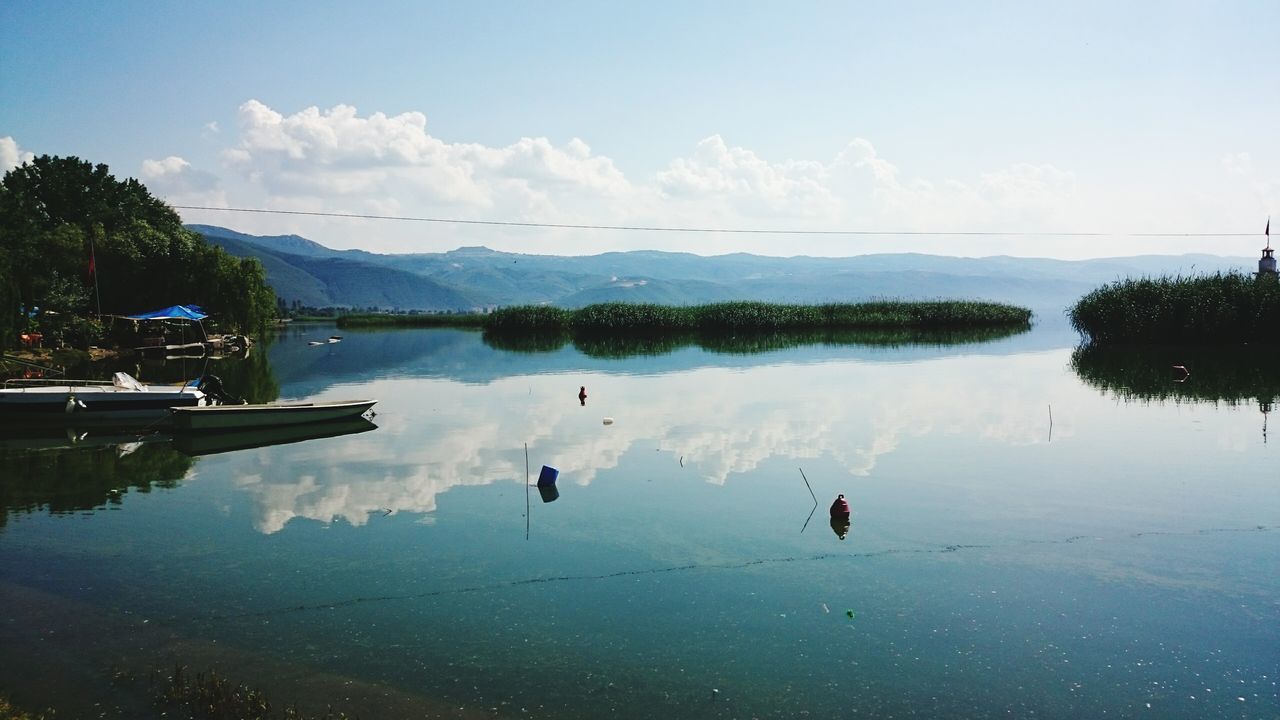 water, lake, reflection, sky, bird, tranquil scene, tree, tranquility, waterfront, scenics, beauty in nature, nature, animal themes, cloud - sky, mountain, wildlife, cloud, animals in the wild, calm, outdoors