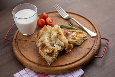 High angle view of breakfast served on table