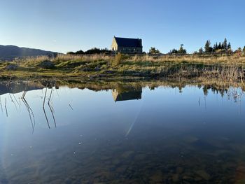 Scenic view of lake by building against clear sky