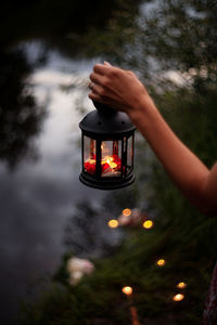 Midsection of person holding illuminated christmas tree