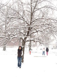 People on snow covered tree