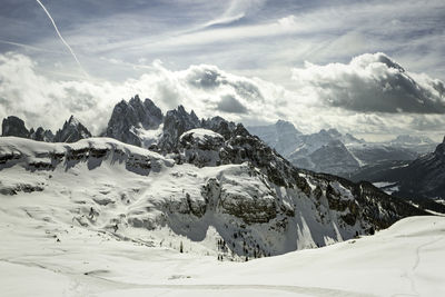 Scenic view of snow covered mountains against sky