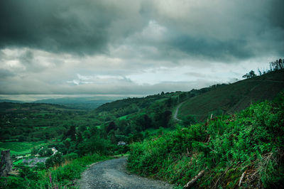 Road amidst green landscape against sky