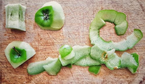 High angle view of chopped vegetables on table