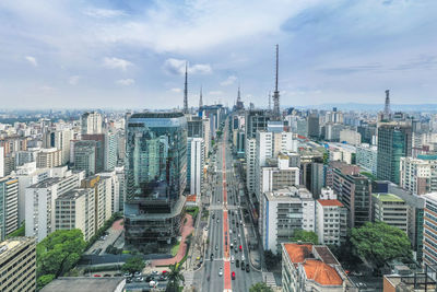 High angle view of buildings against sky in city