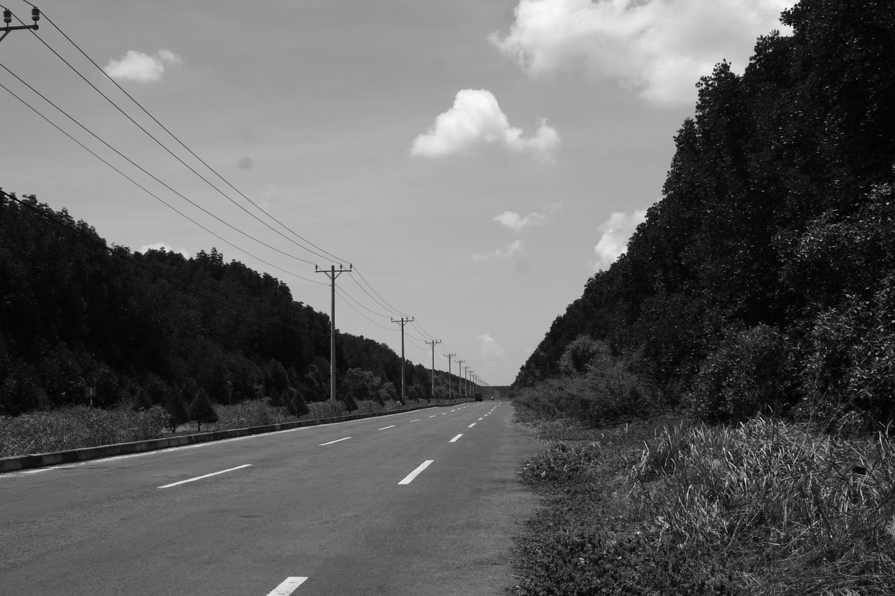 the way forward, road, transportation, sky, diminishing perspective, vanishing point, road marking, tree, empty road, country road, electricity pylon, power line, asphalt, street, cloud - sky, long, empty, nature, day, tranquility