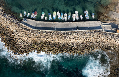 High angle view of ship in sea