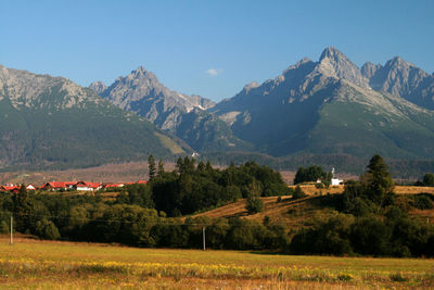 Scenic view of field and mountains against sky