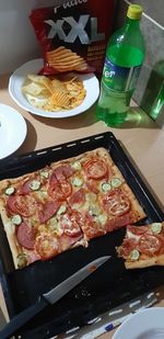 High angle view of food served on table