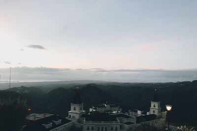 High angle view of townscape against sky at sunset