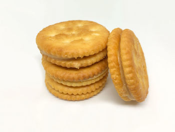 Close-up of cookies against white background