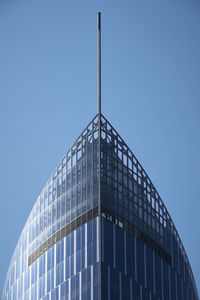 Low angle view of modern building against clear blue sky