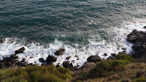 Waves hitting the rocks, green grass and green blue water.