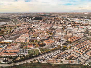 High angle view of buildings in city