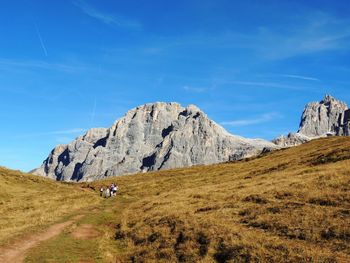 Scenic view of mountain against blue sky. dolomite.