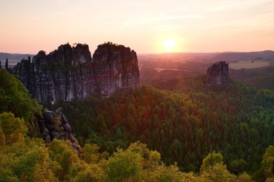 Popular climbers resort in saxony national park, germany. sharp sandstone cliffs 