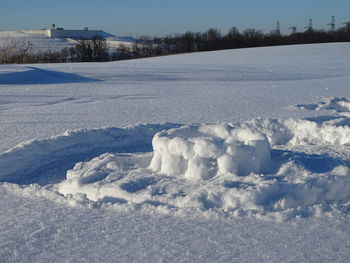 Snow covered field against sky