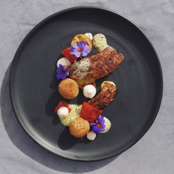 High angle view of breakfast in plate on table