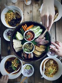 High angle view of food served on table