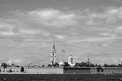 View of church and buildings against sky