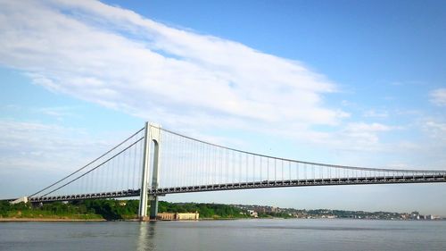 Suspension bridge over river against cloudy sky