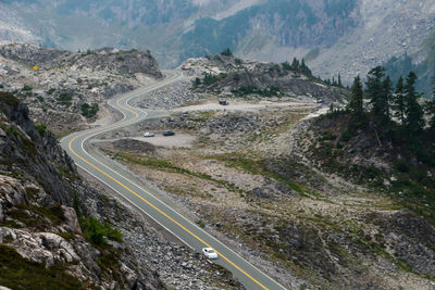 Areal view of winding roads in mountain 