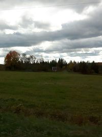 Trees on field against cloudy sky