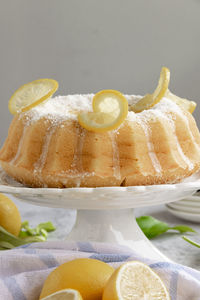 Close-up of dessert served on table