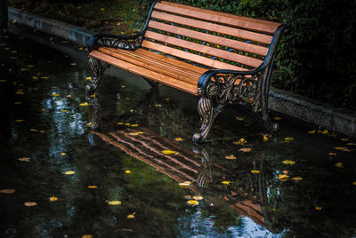 Empty bench at park during monsoon