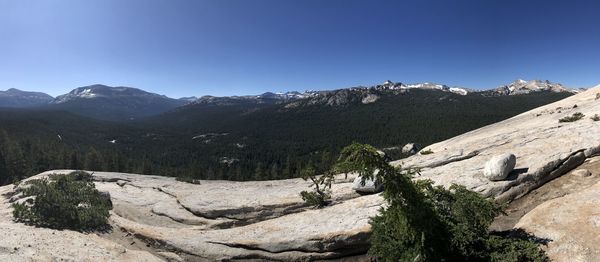 Scenic view of mountains against clear blue sky