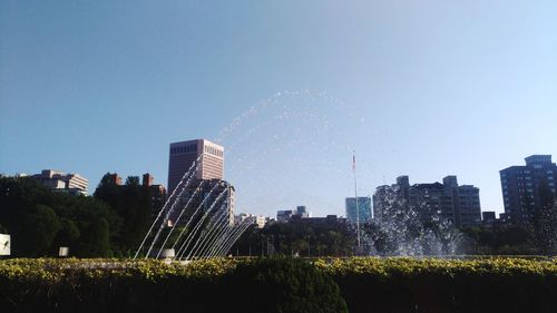 Panoramic view of city buildings against clear sky