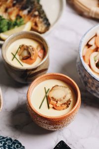 High angle view of food in bowl on table