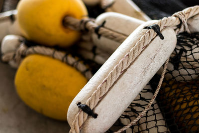 High angle view of ropes on wood