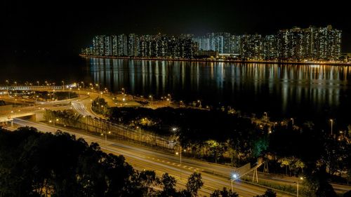 High angle view of illuminated city at night