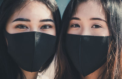 Close-up portrait of friends wearing mask