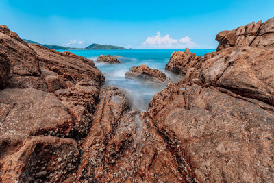 Panoramic shot of rocks on beach against sky