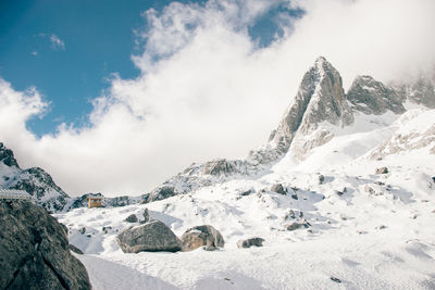 Scenic view of snowcapped mountains against sky