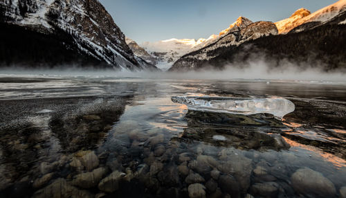 Scenic view of lake by mountains against sky