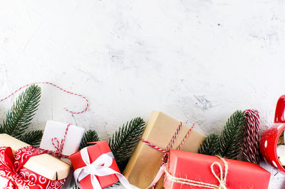 High angle view of christmas decorations on table