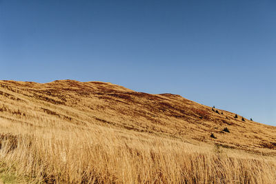 Low angle view of mountain against clear blue sky