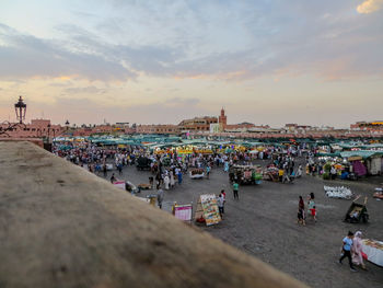 Jama el fna market against sky during sunset