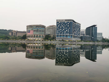 Reflection of buildings in lake against sky in city