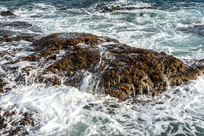 Waves splashing on rocks at shore