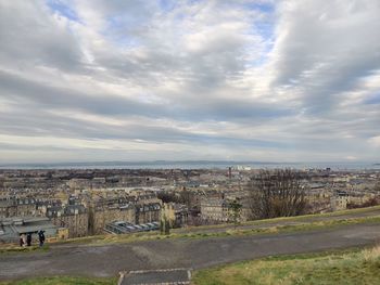 High angle shot of townscape against sky